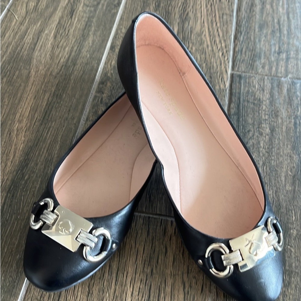 kate spade Black Leather Ballet Flats with Gold Hardware